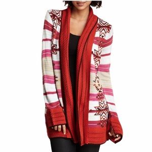 BCBG BOHO ORANGE PINK AZTEC PATTERN OPEN FRONT WOMEN'S CARDIGAN SWEATER SZ M